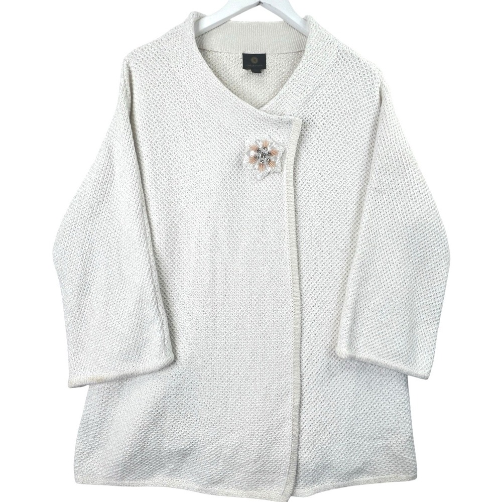 JM Collection Knit Cardigan Womens XL Cream Metallic Floral Brooch Shimmer